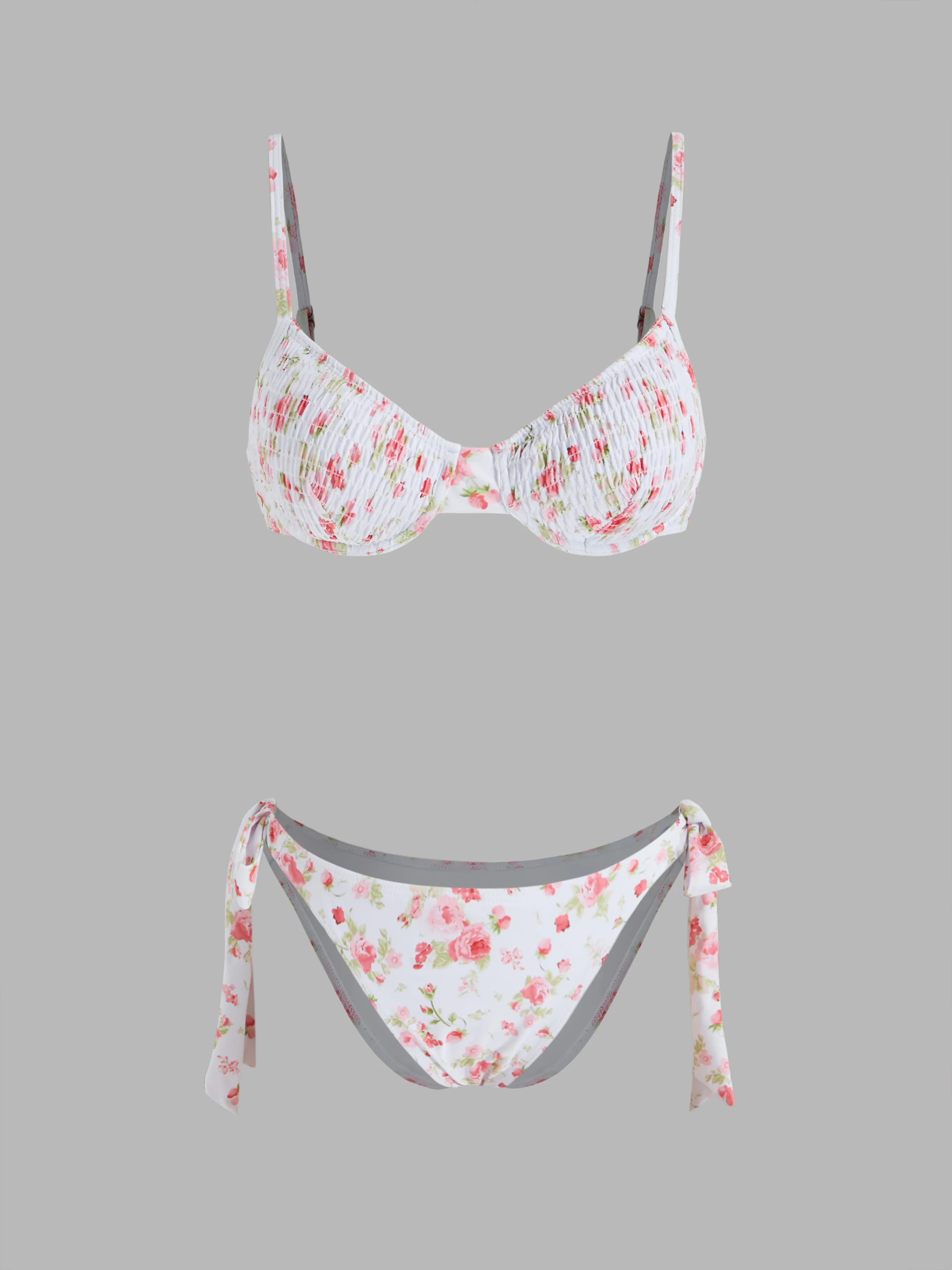 Bikini con Escote Cuadrado, Fruncido Floral, Aros y Lazo Lateral