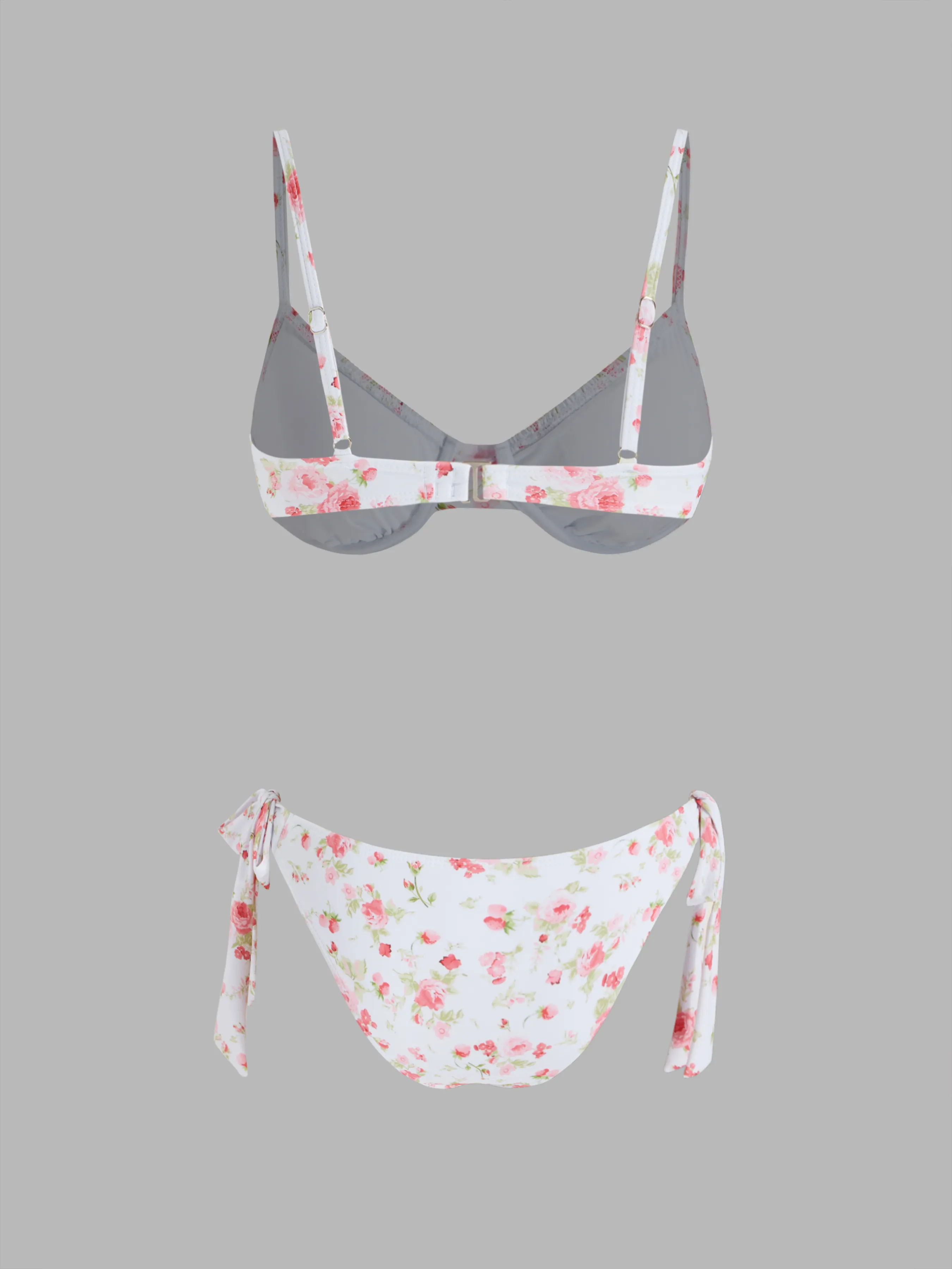 Bikini con Escote Cuadrado, Fruncido Floral, Aros y Lazo Lateral