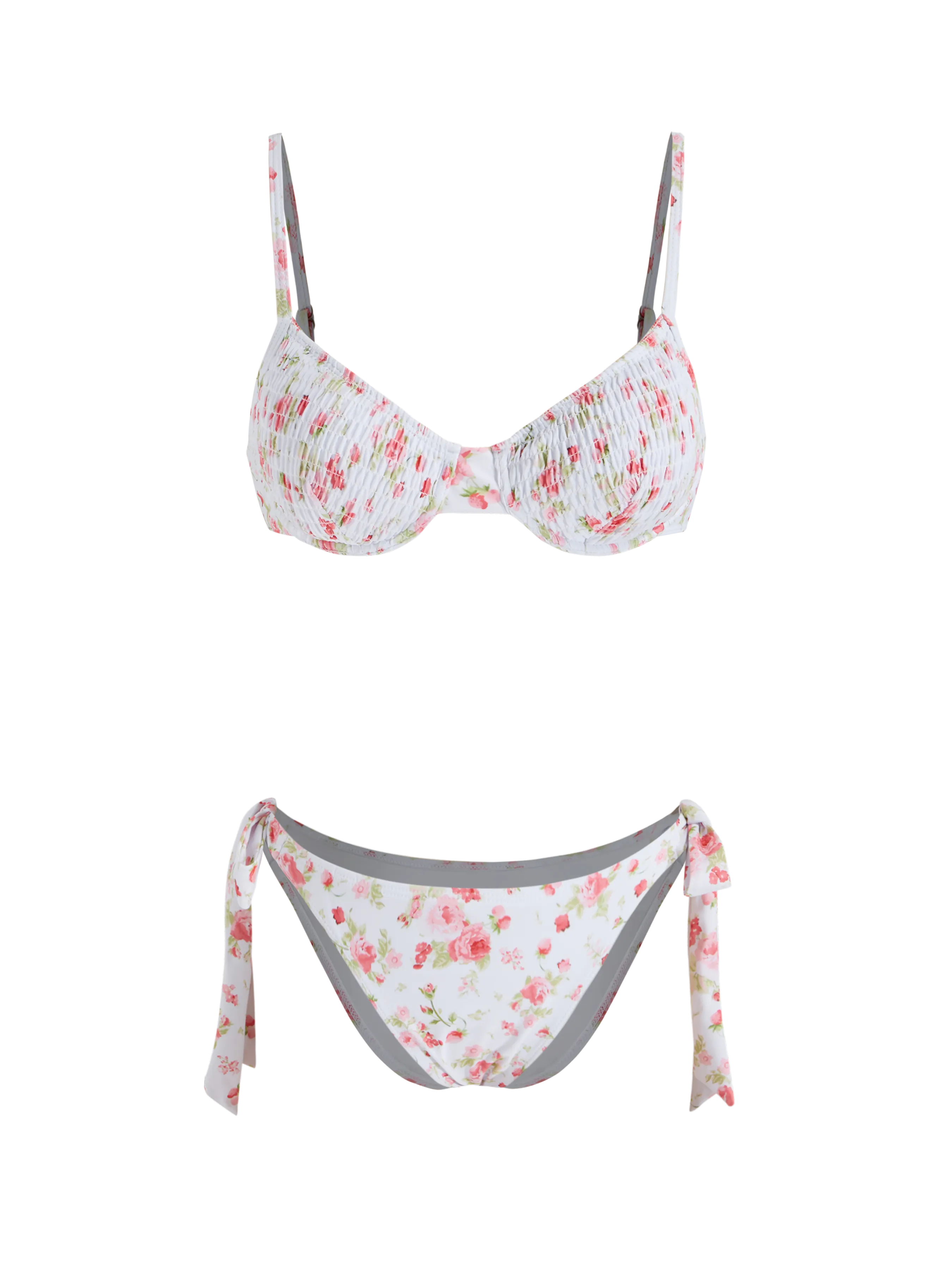 Bikini con Escote Cuadrado, Fruncido Floral, Aros y Lazo Lateral