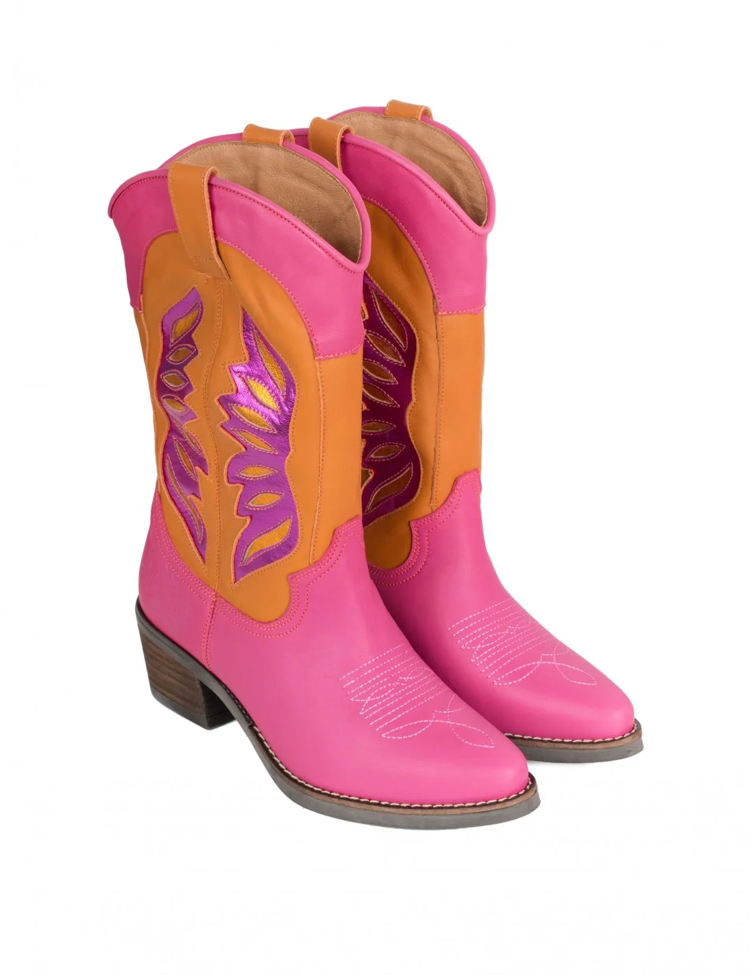 Botas Cowboy Piel Rosas Combinadas