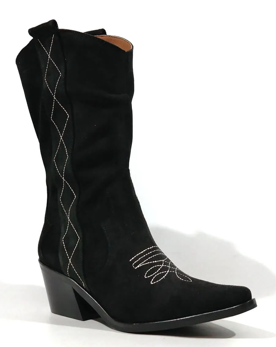 Botas mujer estilo cowboy en serraje negro Parati