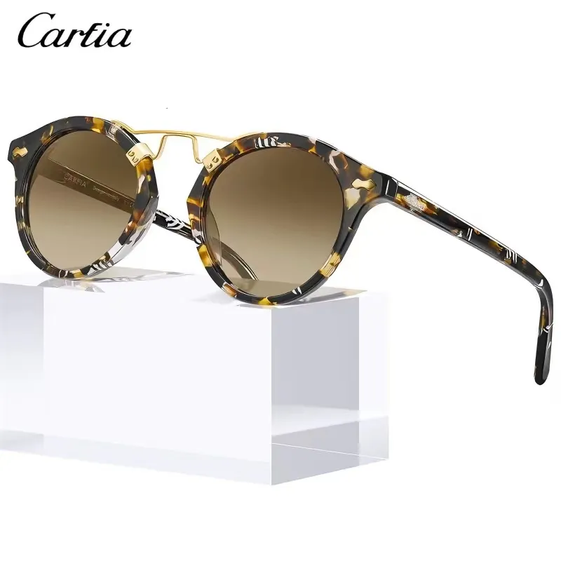 Carfia gafas de sol polarizadas de acetato pequeñas para mujeres, lente reflejada de gafas de metal de doble puente retro cejas 