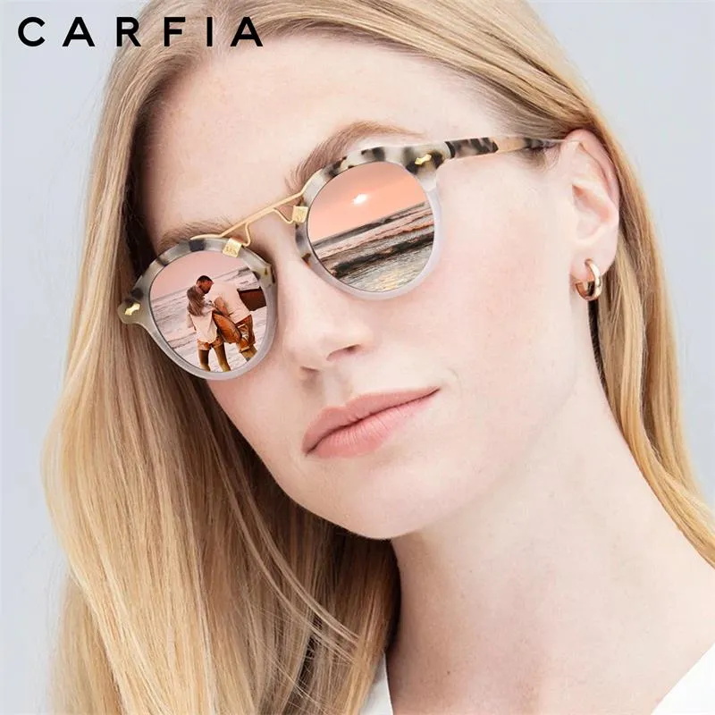 Carfia gafas de sol polarizadas de acetato pequeñas para mujeres, lente reflejada de gafas de metal de doble puente retro cejas 