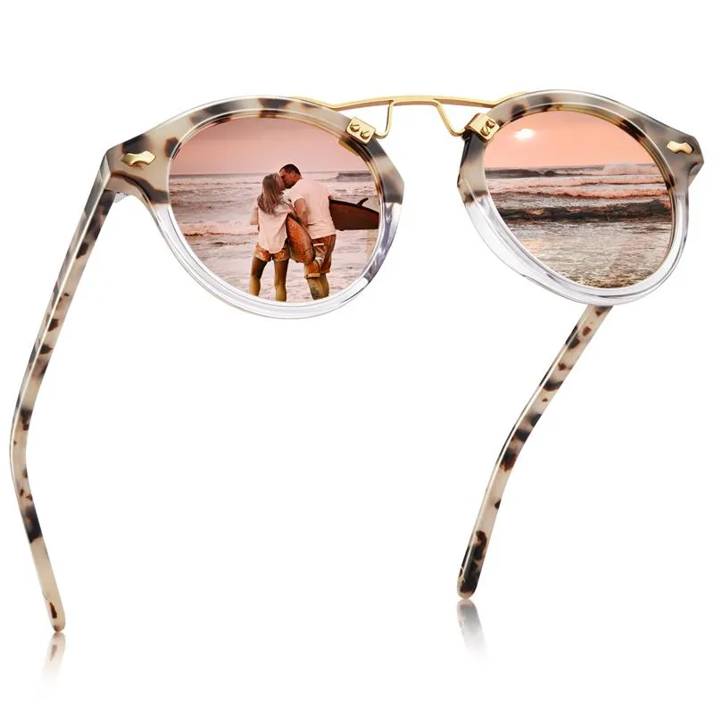 Carfia gafas de sol polarizadas de acetato pequeñas para mujeres, lente reflejada de gafas de metal de doble puente retro cejas 