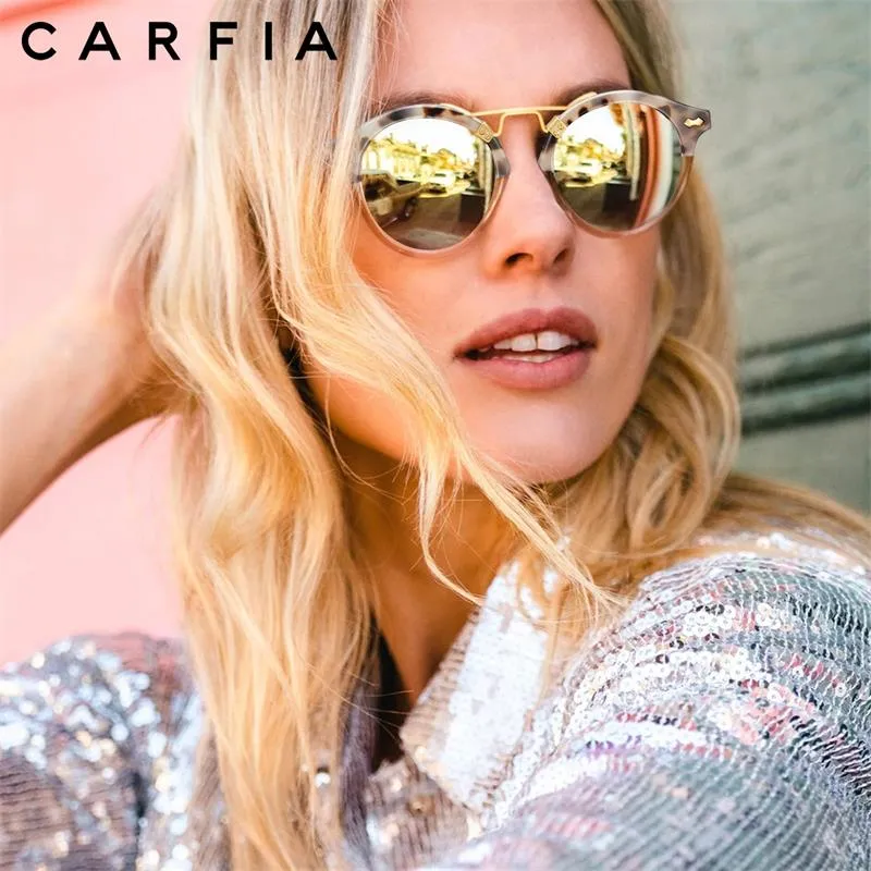 Carfia gafas de sol polarizadas de acetato pequeñas para mujeres, lente reflejada de gafas de metal de doble puente retro cejas 