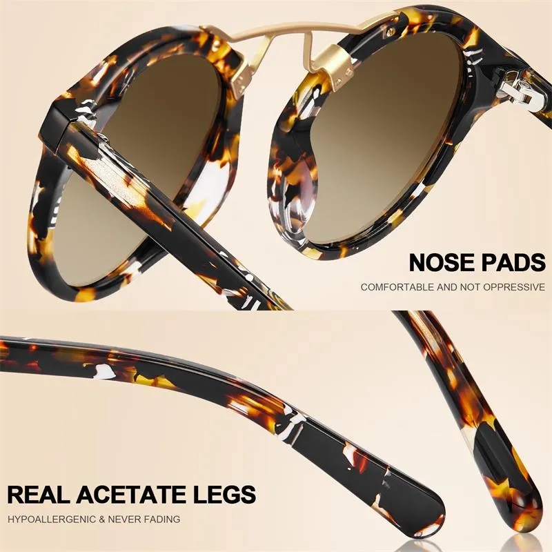 Carfia gafas de sol polarizadas de acetato pequeñas para mujeres, lente reflejada de gafas de metal de doble puente retro cejas 