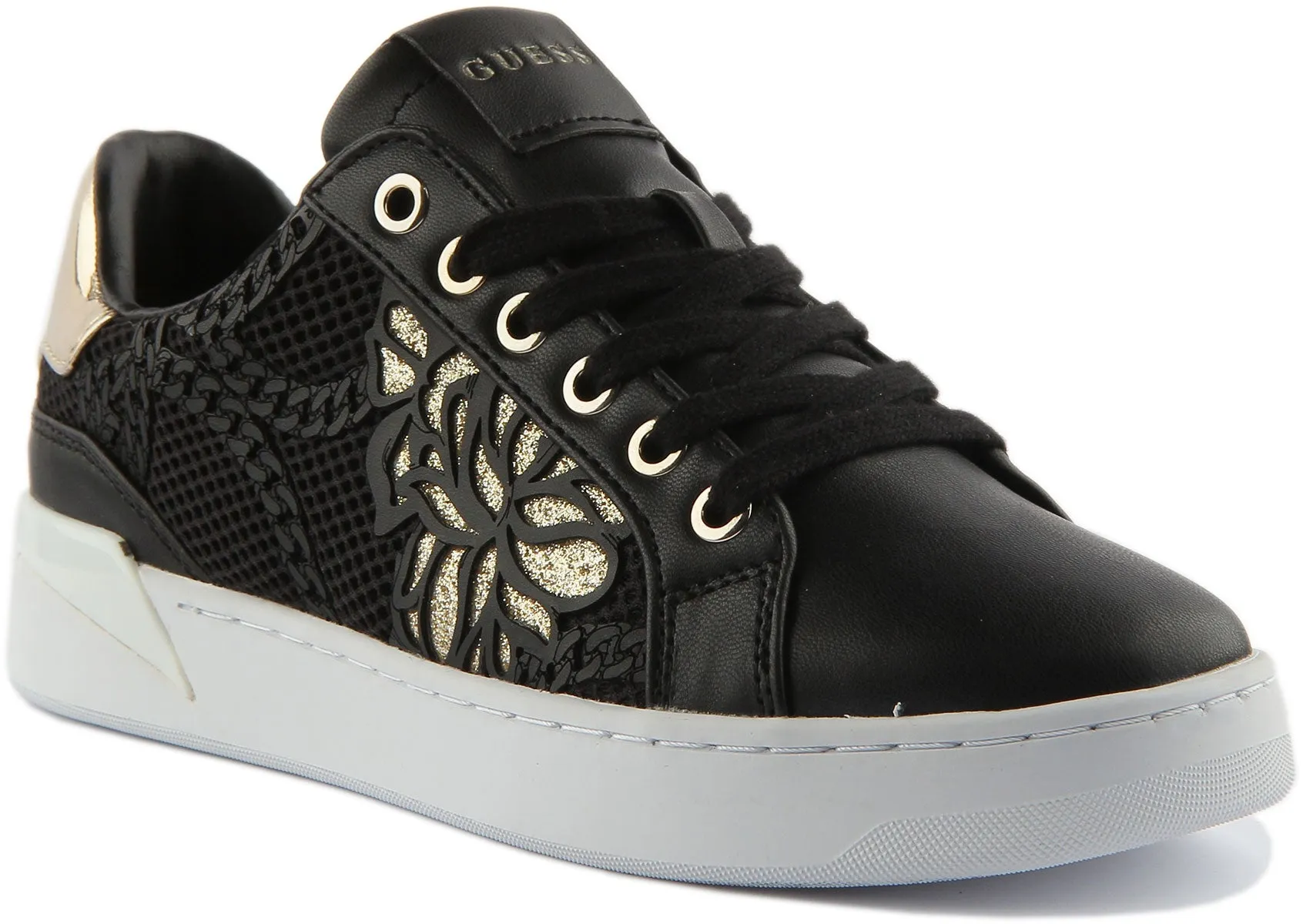 Guess Refresh Zapatillas de deporte con cordones sintéticos perforados para mujer en negro dorado