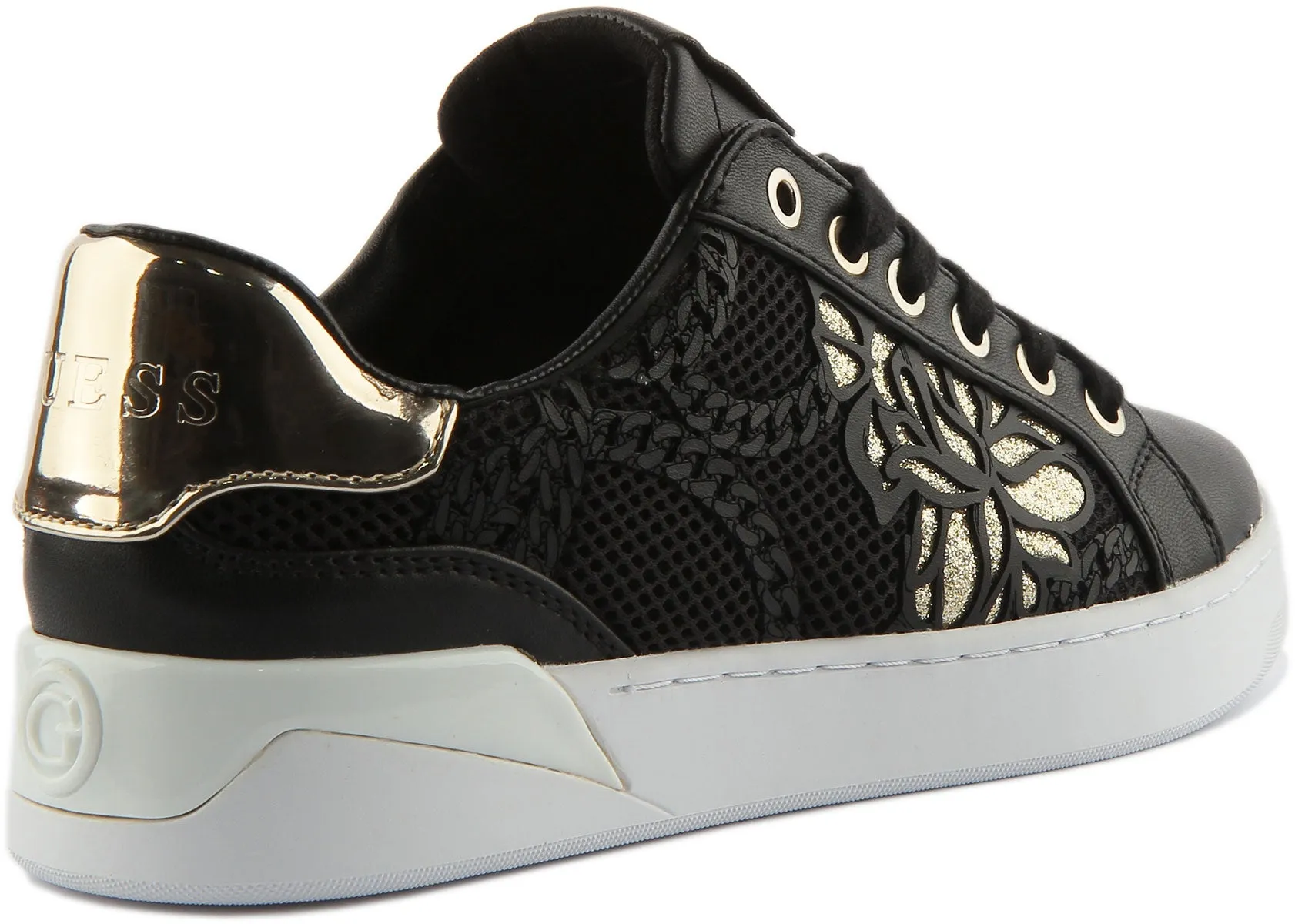 Guess Refresh Zapatillas de deporte con cordones sintéticos perforados para mujer en negro dorado