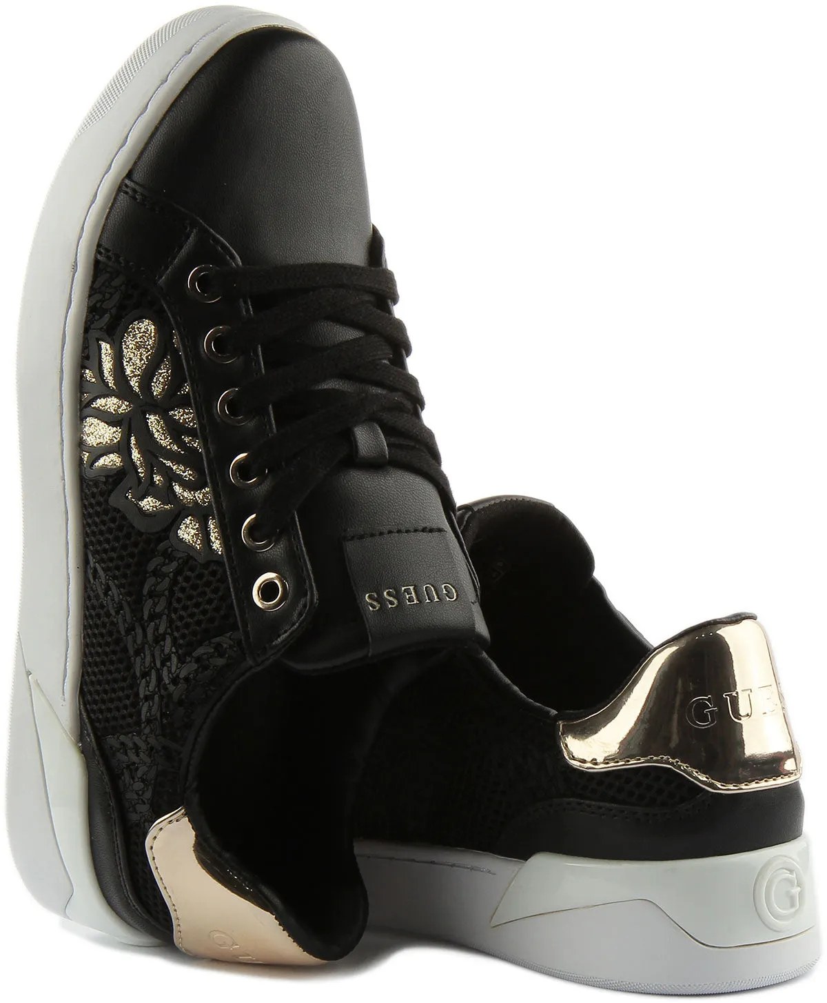 Guess Refresh Zapatillas de deporte con cordones sintéticos perforados para mujer en negro dorado