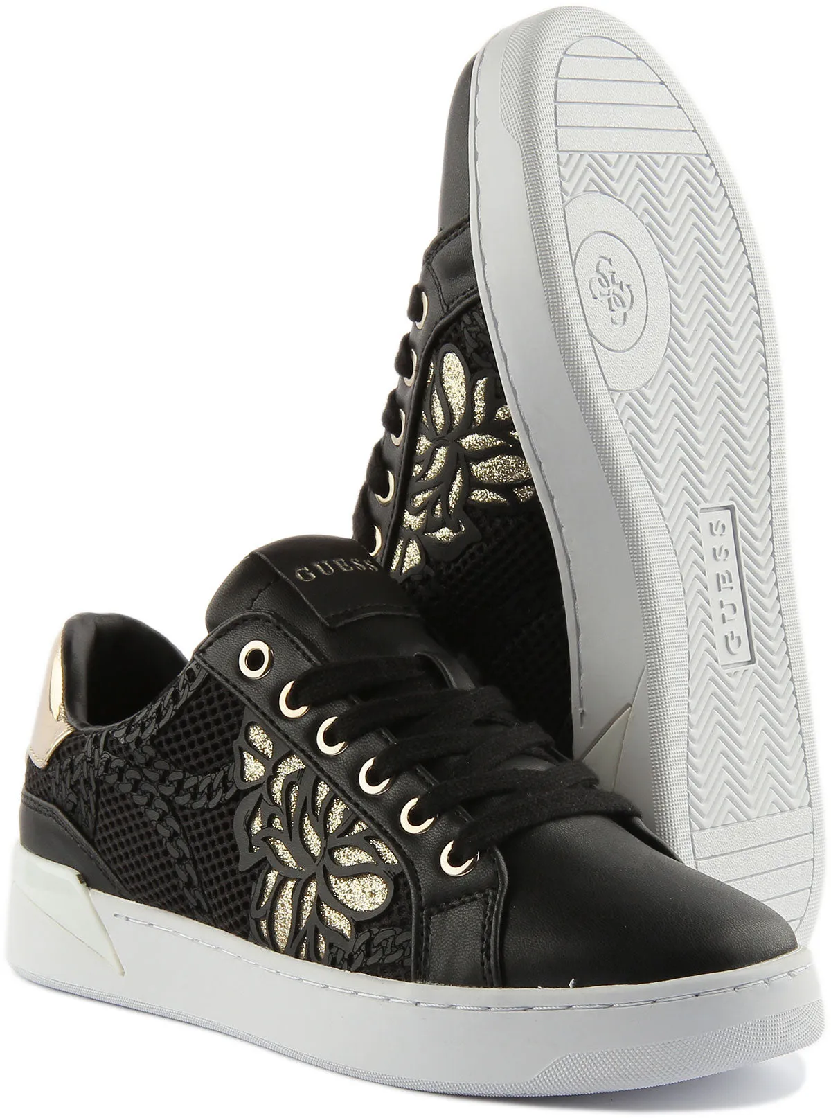 Guess Refresh Zapatillas de deporte con cordones sintéticos perforados para mujer en negro dorado