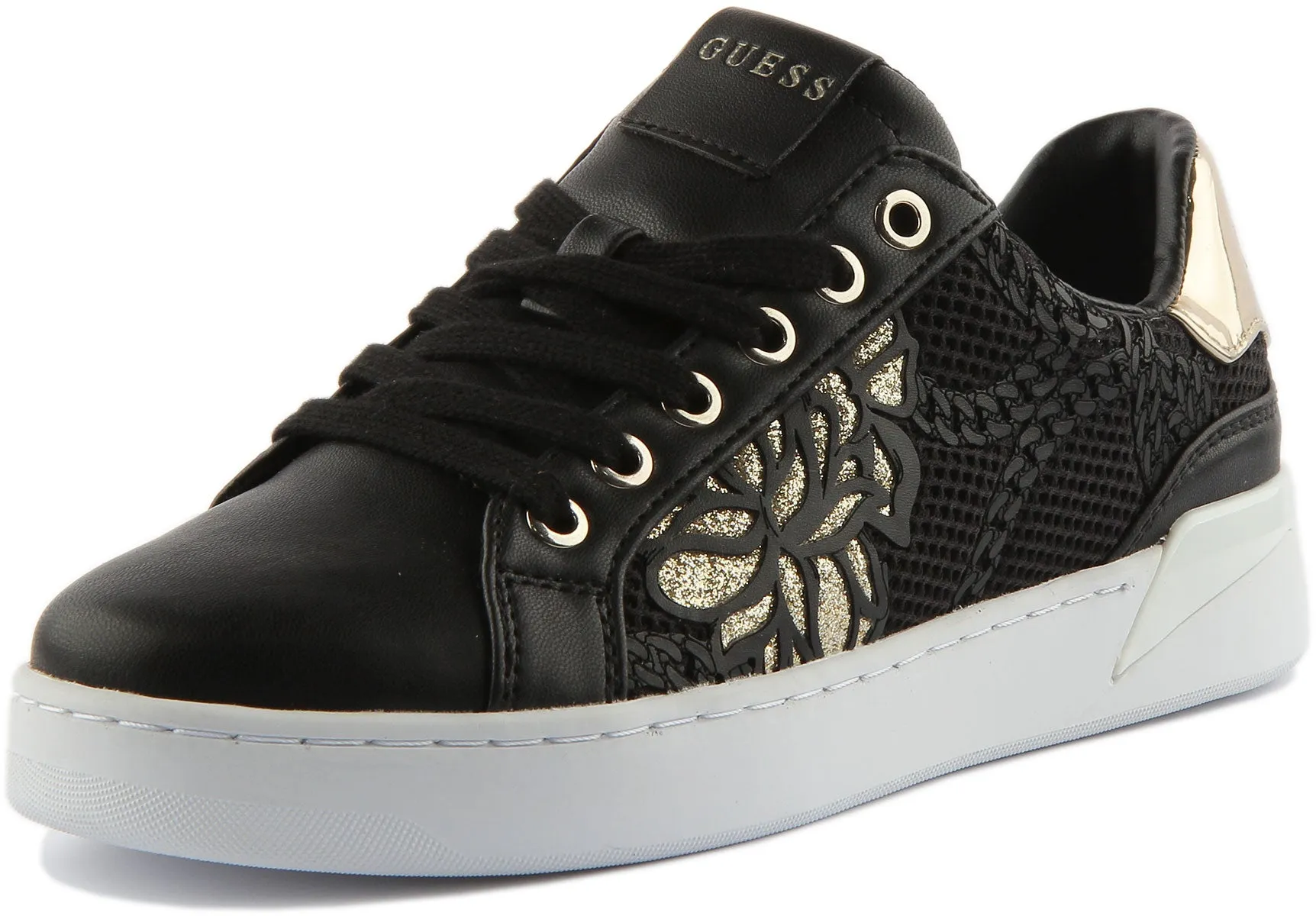 Guess Refresh Zapatillas de deporte con cordones sintéticos perforados para mujer en negro dorado