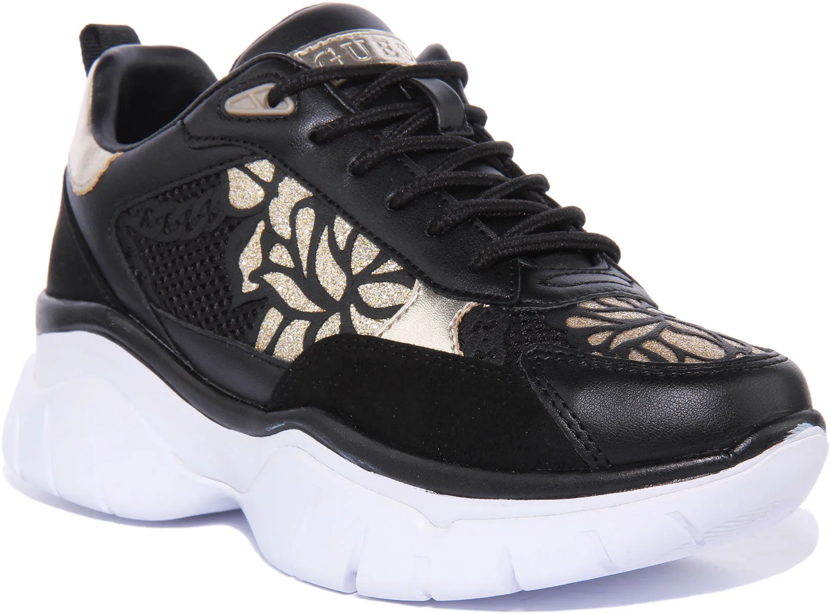 Guess Zapatillas de deporte sintéticas de encaje con estampado floral para mujer en negro dorado