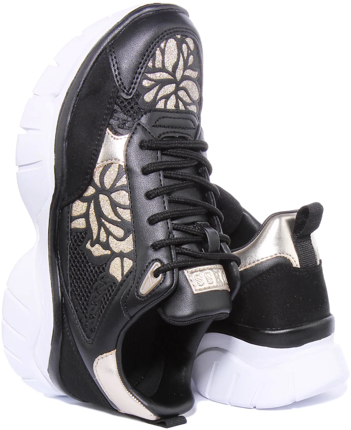 Guess Zapatillas de deporte sintéticas de encaje con estampado floral para mujer en negro dorado