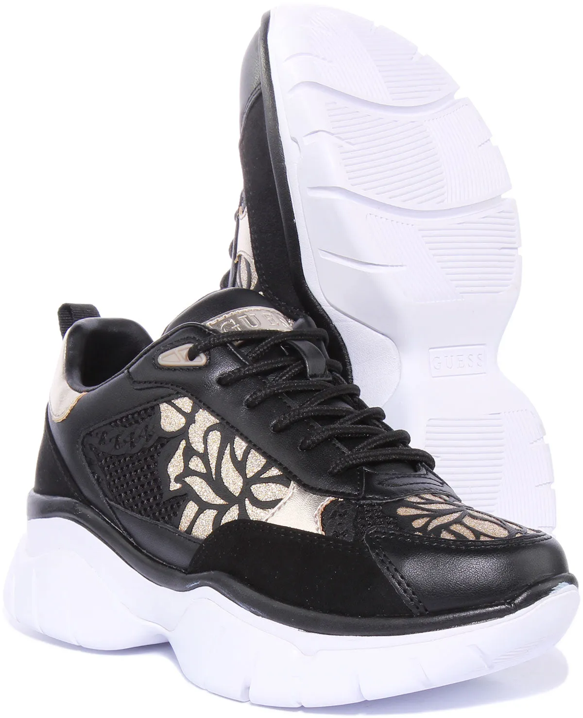 Guess Zapatillas de deporte sintéticas de encaje con estampado floral para mujer en negro dorado