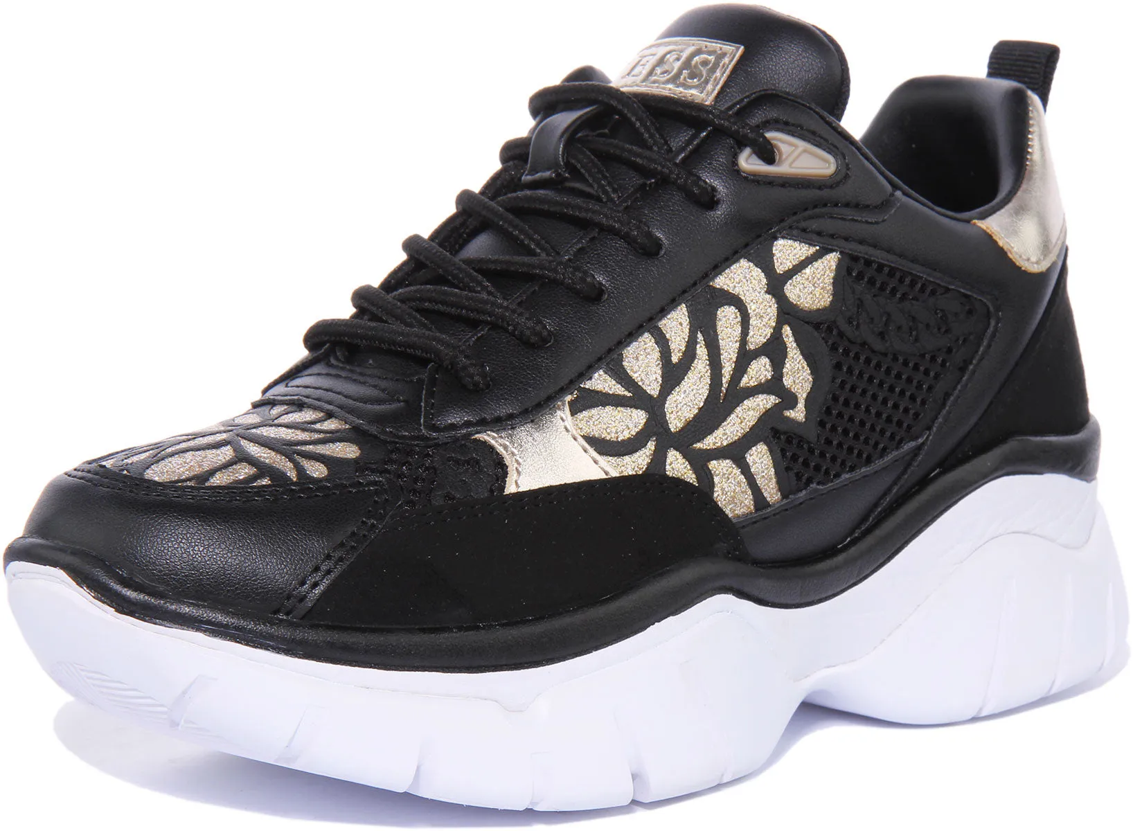 Guess Zapatillas de deporte sintéticas de encaje con estampado floral para mujer en negro dorado