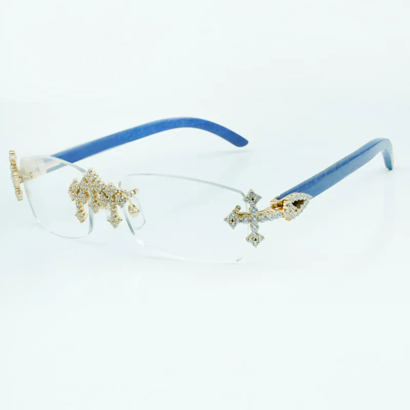 Monturas de gafas con diamantes cruzados 3524012 con varillas de madera azul natural y lentes transparentes de 56 mm