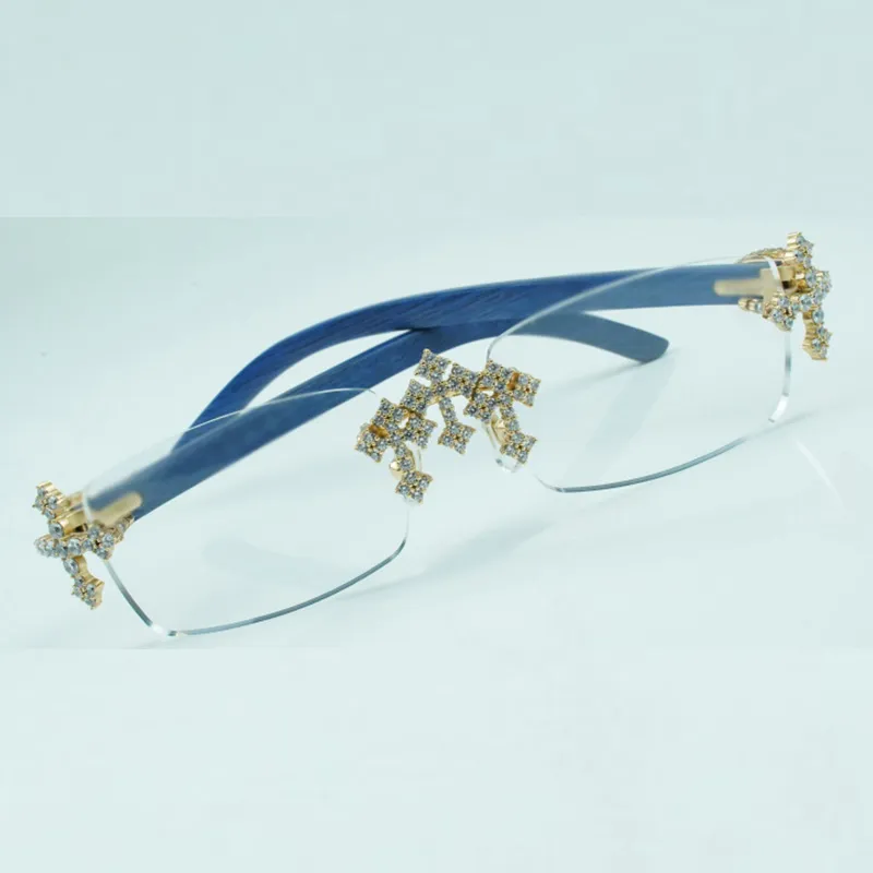 Monturas de gafas con diamantes cruzados 3524012 con varillas de madera azul natural y lentes transparentes de 56 mm