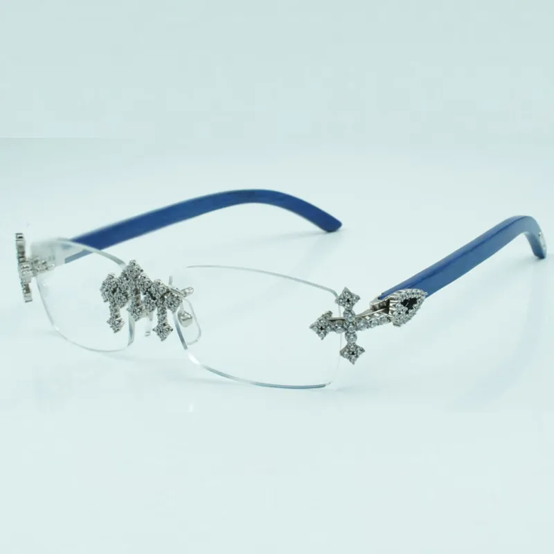 Monturas de gafas con diamantes cruzados 3524012 con varillas de madera azul natural y lentes transparentes de 56 mm