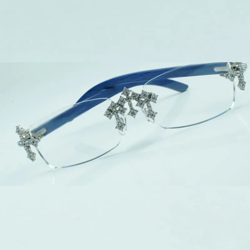 Monturas de gafas con diamantes cruzados 3524012 con varillas de madera azul natural y lentes transparentes de 56 mm