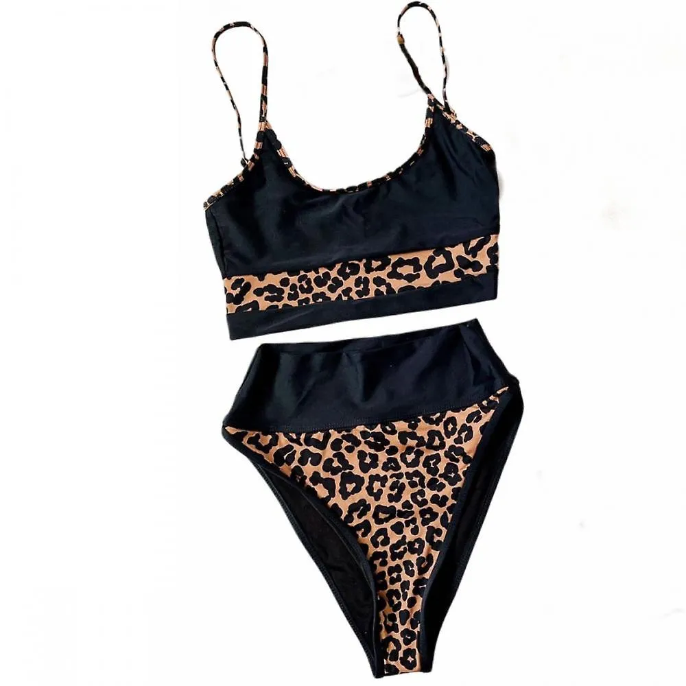 Sexy Leopard Print Women's Split High Waist Bikini Bathing Suit Slim Fit Vintage Suspender Swimsuit (M)