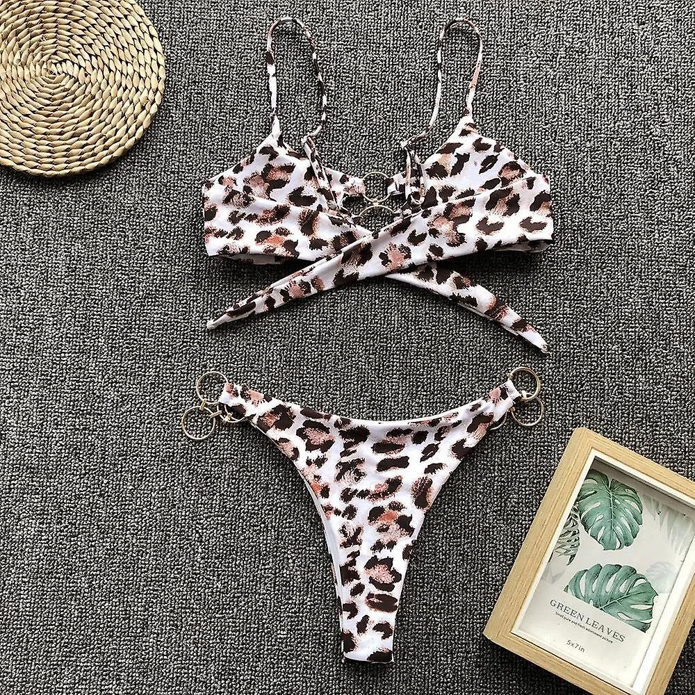 Simple Ring Accessories, Open-back Sexy Leopard Print Thong, Legume Women's 2-piece Swimsuit for Vacation (M)