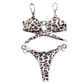 Simple Ring Accessories, Open-back Sexy Leopard Print Thong, Legume Women's 2-piece Swimsuit for Vacation (M)