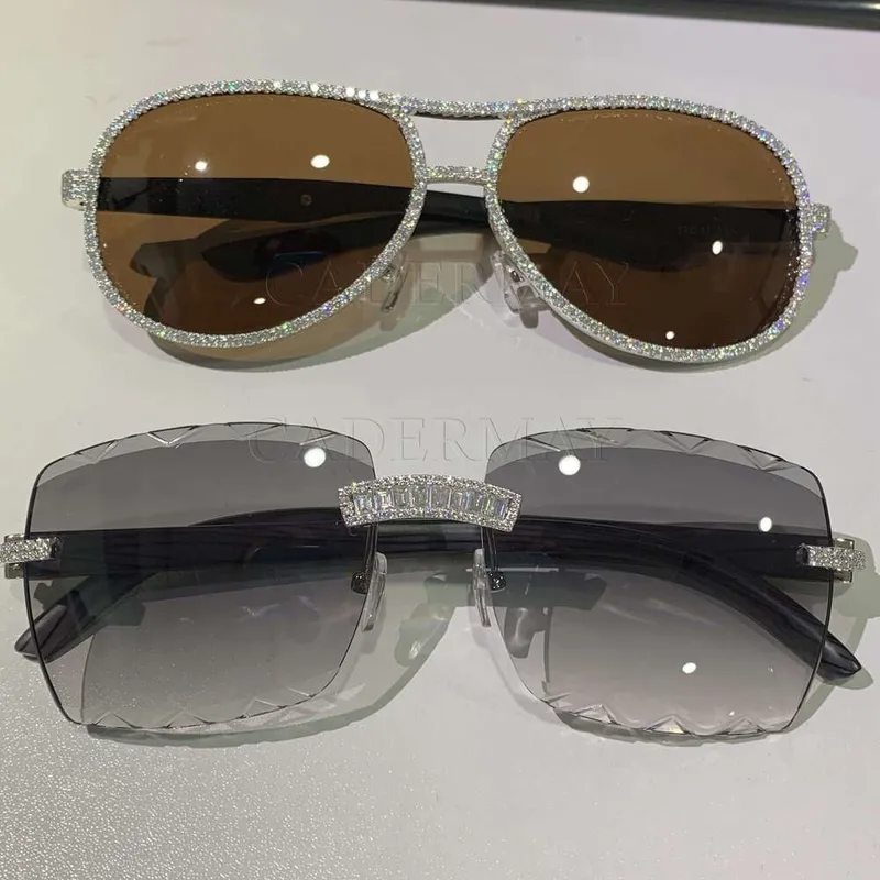 Venta caliente Sier Baguette Moissanite Sun Gastas Diamond Men Borny Metal Púrpura Gafas de sol