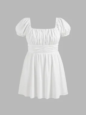 Vestido Mini de Lino con Volantes y Cuello Cuadrado Curvy