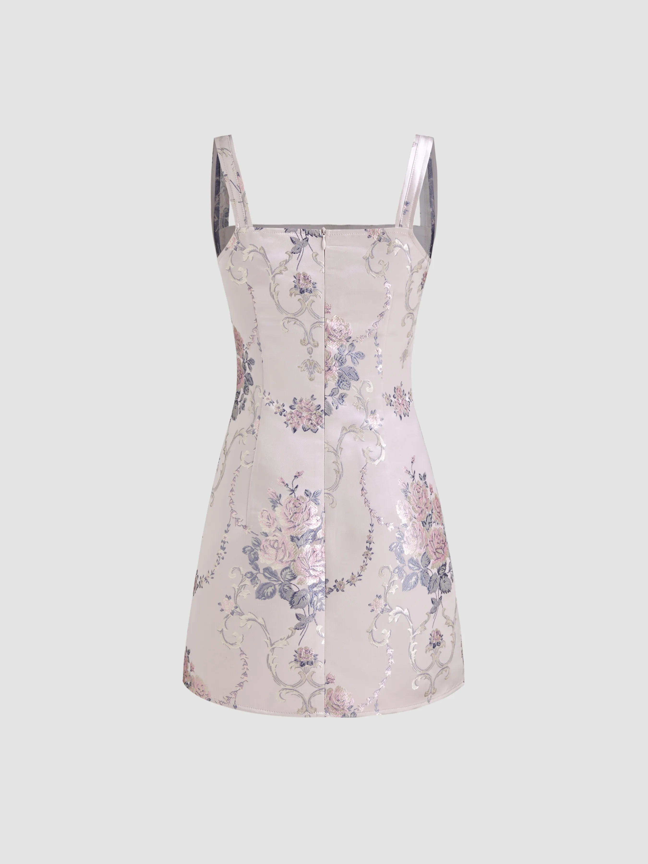 Vestido Mini Floral con Cuello Cuadrado Jacquard