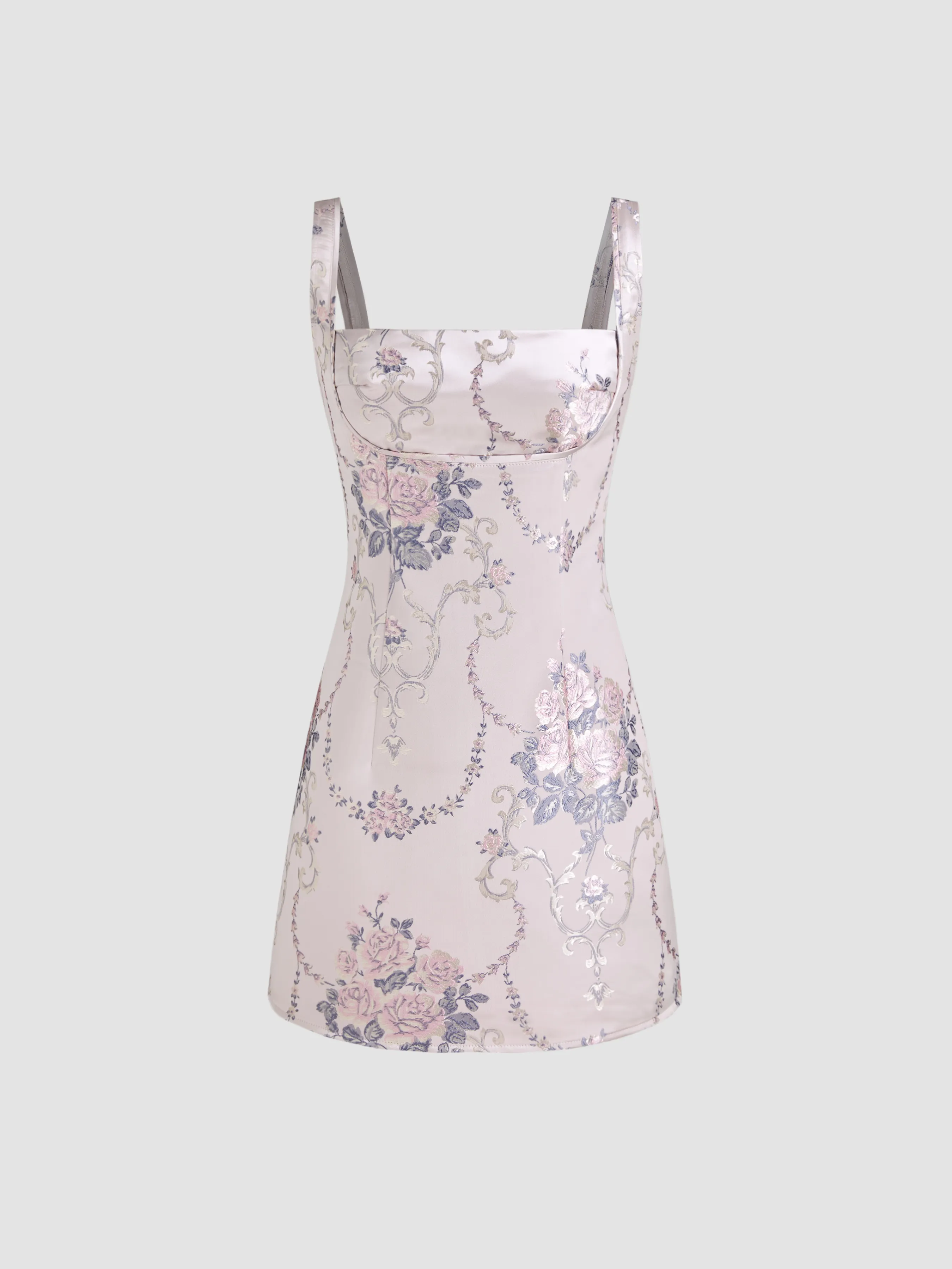 Vestido Mini Floral con Cuello Cuadrado Jacquard