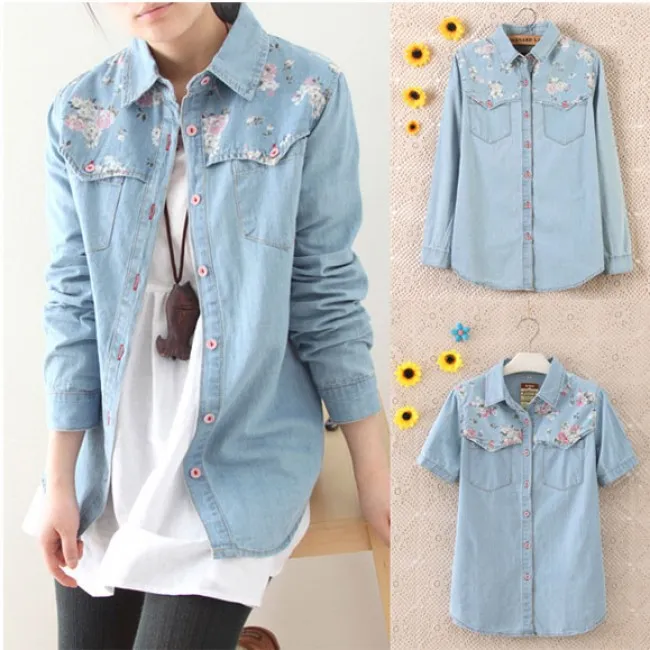 Vintage Floral Washed Denim Shirt