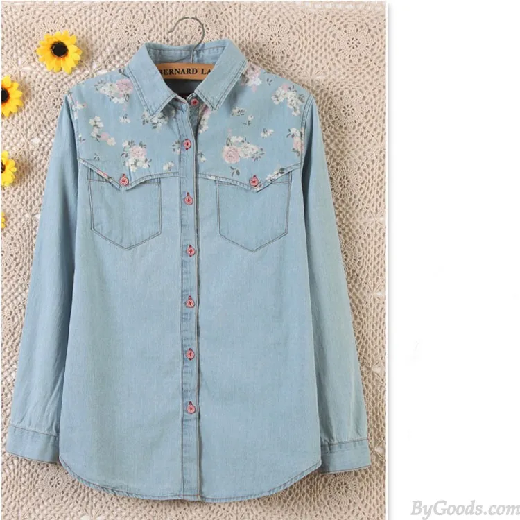 Vintage Floral Washed Denim Shirt