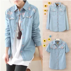 Vintage Floral Washed Denim Shirt