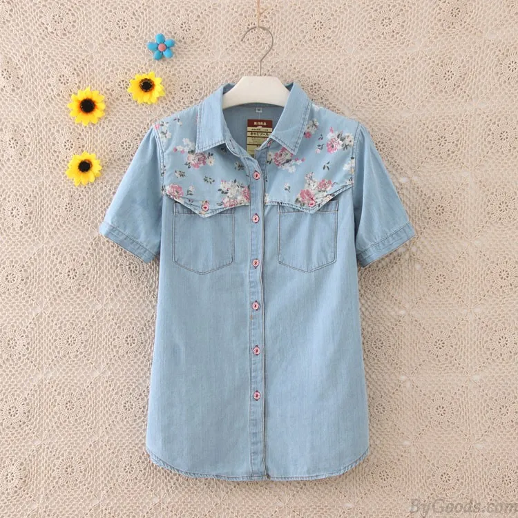 Vintage Floral Washed Denim Shirt