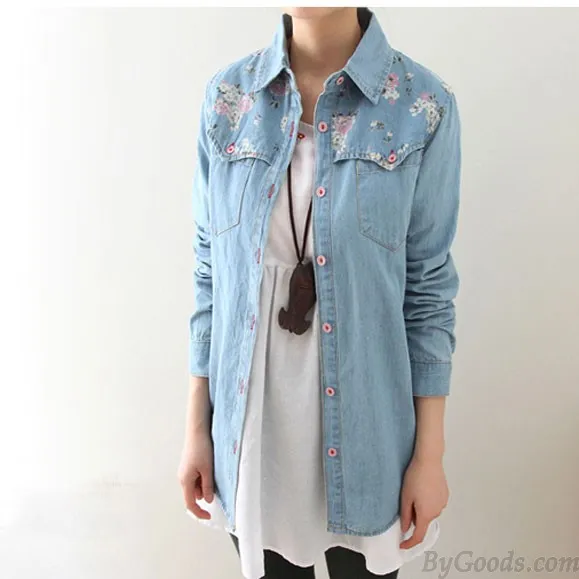 Vintage Floral Washed Denim Shirt