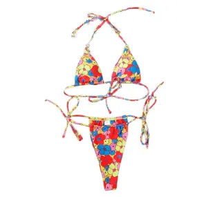 Women's Sexy Split Swimwear, Digitally Printed Backless Bikini with Small Floral Flowers, Colorful (M)