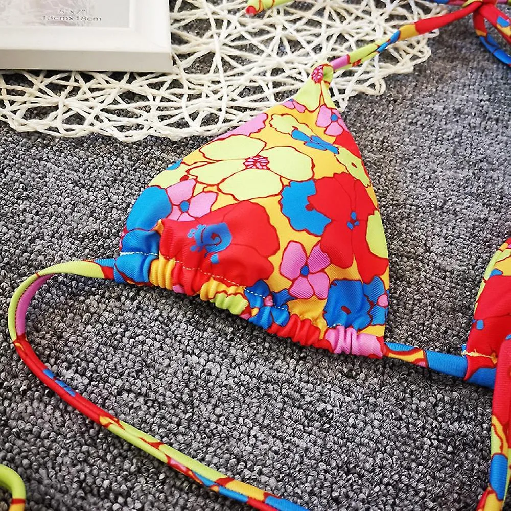 Women's Sexy Split Swimwear, Digitally Printed Backless Bikini with Small Floral Flowers, Colorful (M)