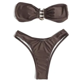 Women's Split Bikini, Elastic Sexy Backless Swimsuit Without Shoulder Strap, High-waist Brazilian Pants, Brown (M)